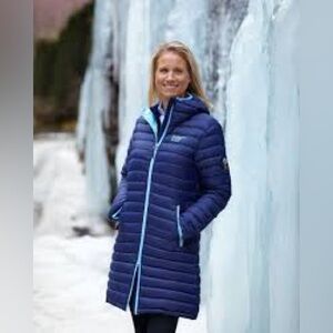 Scandinavian Explorer Women's Ultra Light Down Parka Large Blue Feather Longline